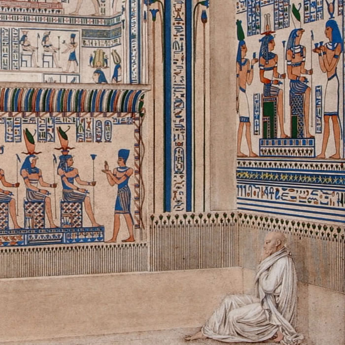 Thebes. Memnonium. Colour perspective view of the interior of the West temple - Une estampe d’après Jacques-Louis Pérée