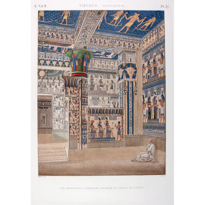 Thebes. Memnonium. Colour perspective view of the interior of the West temple - Une estampe d’après Jacques-Louis Pérée