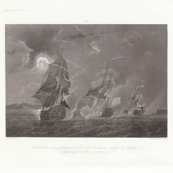 Combat du vaisseau français Le Triton contre le vaisseau anglais Le Jupiter et la frégate anglaise La Médée, le 20 octobre 1778 - Une estampe d’après  Gilbert