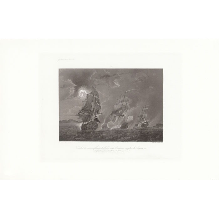 Combat du vaisseau français Le Triton contre le vaisseau anglais Le Jupiter et la frégate anglaise La Médée, le 20 octobre 1778 - Une estampe d’après  Gilbert