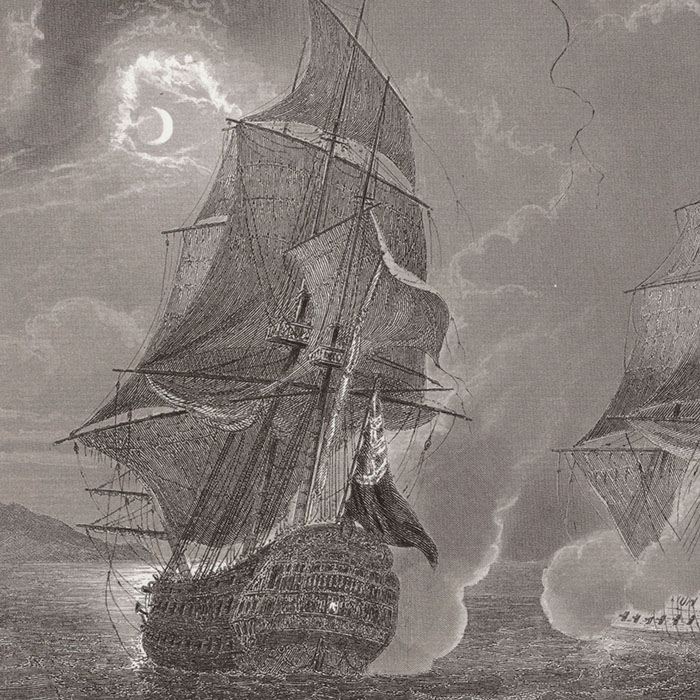 Combat du vaisseau français Le Triton contre le vaisseau anglais Le Jupiter et la frégate anglaise La Médée, le 20 octobre 1778 - Une estampe d’après  Gilbert