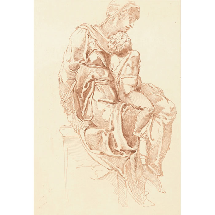 La Vierge assise tenant sur ses genoux l’Enfant Jésus - Une estampe d’après  Michel-Ange (Michelangelo Buonarroti, dit)