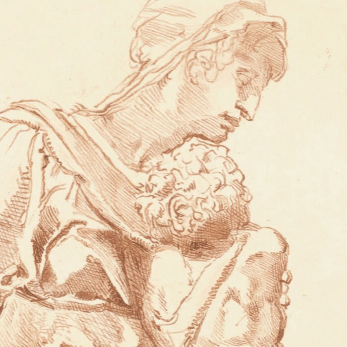 La Vierge assise tenant sur ses genoux l’Enfant Jésus - Une estampe d’après  Michel-Ange (Michelangelo Buonarroti, dit)