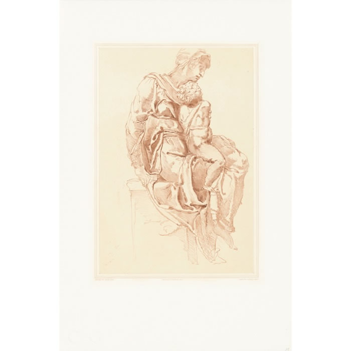 La Vierge assise tenant sur ses genoux l’Enfant Jésus - Une estampe d’après  Michel-Ange (Michelangelo Buonarroti, dit)