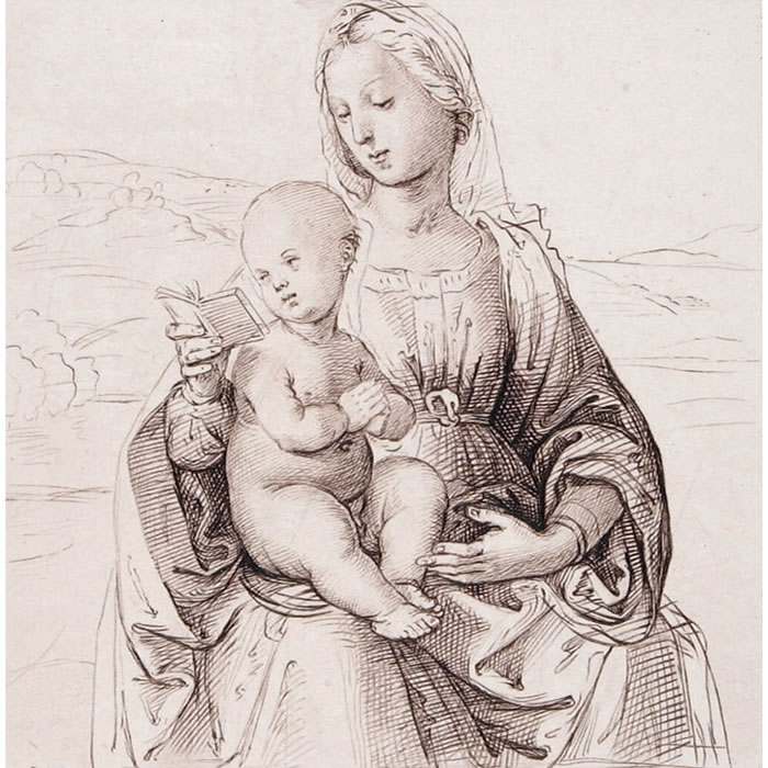 Vierge à l’Enfant, assise, qui lit dans un paysage - Une estampe d’après  Raphaël