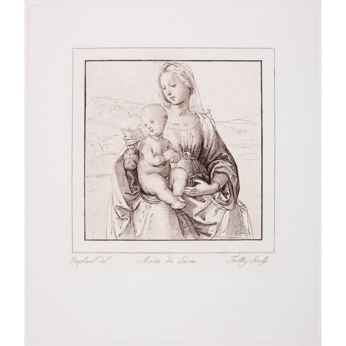 Vierge à l’Enfant, assise, qui lit dans un paysage - Une estampe d’après  Raphaël