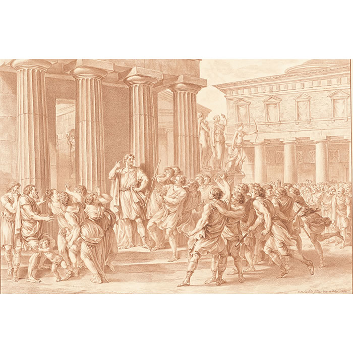 Lycurgue blessé dans une sédition - Une estampe d’après Charles-Nicolas Cochin le Fils