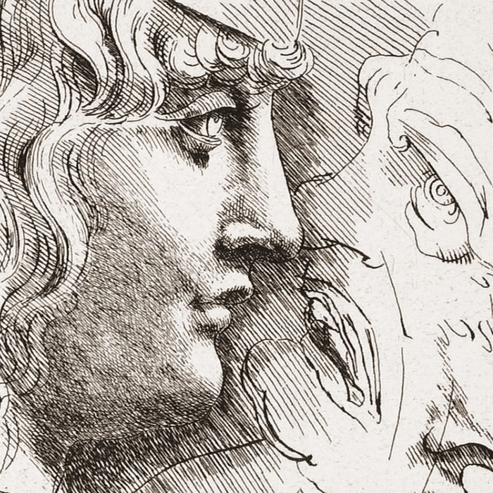Head of a young man seen in profile, his head covered with a skull cap and his hair long - Une estampe d’après Leonardo da Vinci