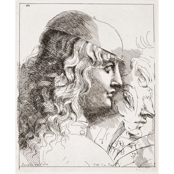 Head of a young man seen in profile, his head covered with a skull cap and his hair long - Une estampe d’après Leonardo da Vinci