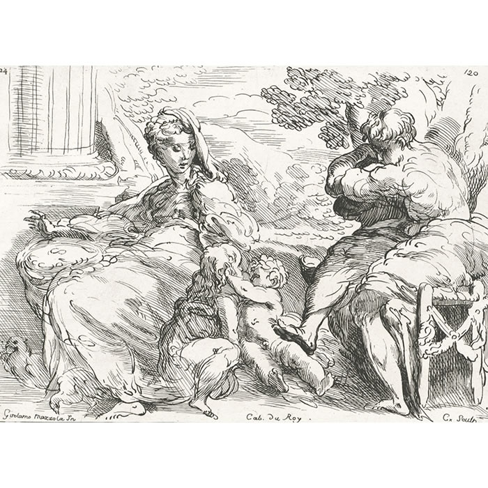 Saint Joseph et la Vierge assis contemplent le jeune saint Jean qui embrasse l’Enfant Jésus - Une estampe d’après Girolamo Mazzola Bedoli
