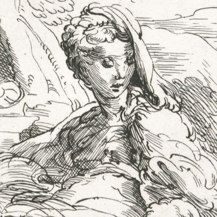 Saint Joseph et la Vierge assis contemplent le jeune saint Jean qui embrasse l’Enfant Jésus - Une estampe d’après Girolamo Mazzola Bedoli