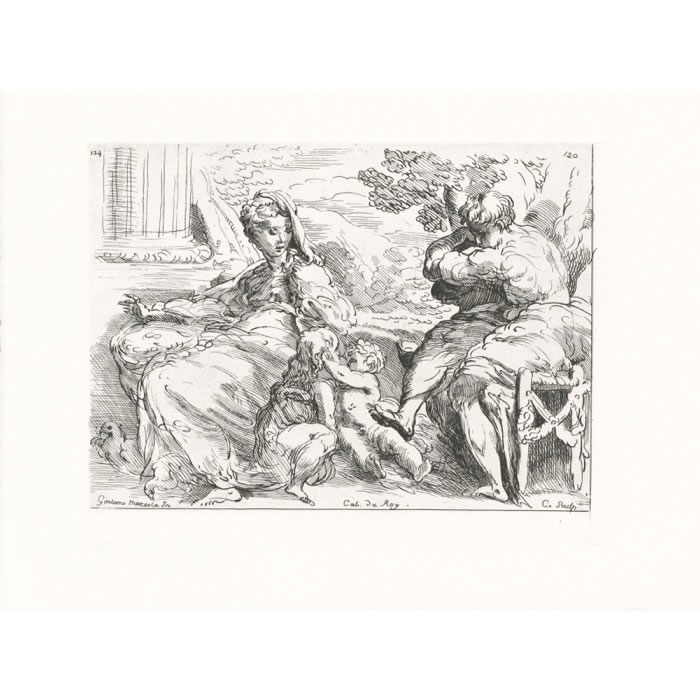 Saint Joseph et la Vierge assis contemplent le jeune saint Jean qui embrasse l’Enfant Jésus - Une estampe d’après Girolamo Mazzola Bedoli