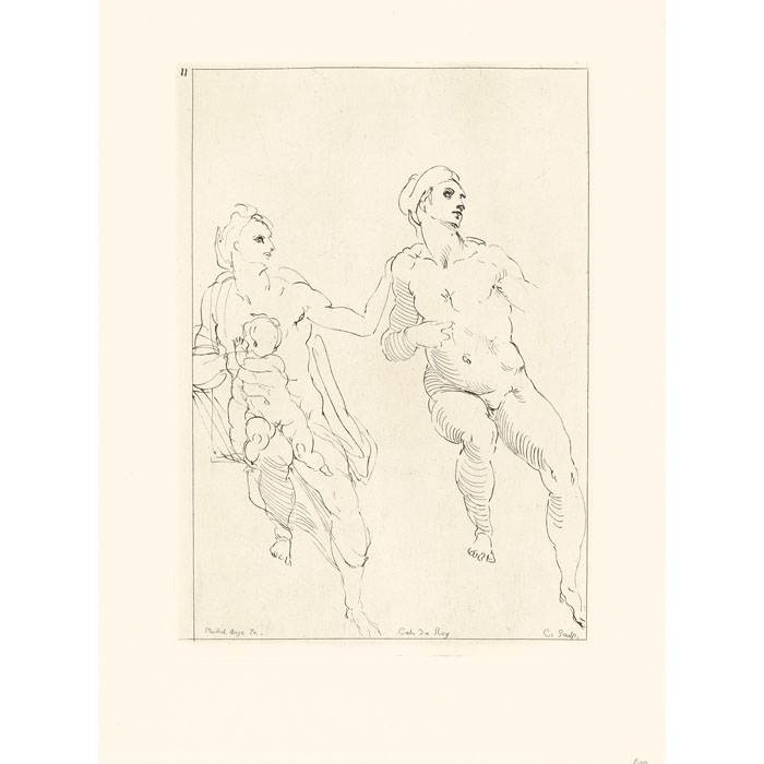 Two Seated Figures, One Holding a Child on her Lap - Une estampe d’après Michelangelo Buonarroti