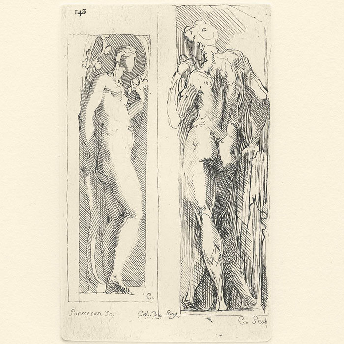 Deux figures ; une statue de nymphe dans une niche et un homme vu de dos - Une estampe d’après Le Parmesan