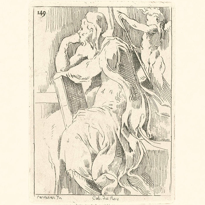 A Man Sitting, Leaning on a Book, and Behind Him the Figure of a Child - Une estampe d’après  Parmigianino