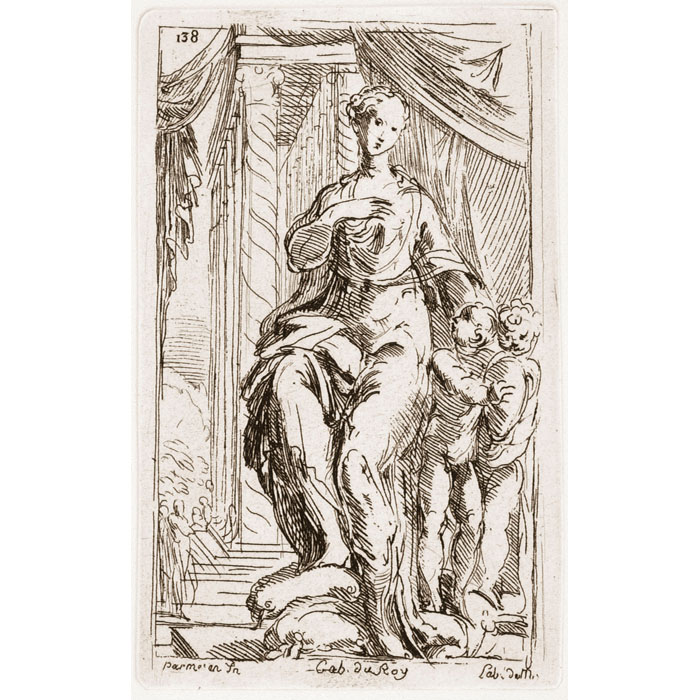 Une femme debout, le pied sur deux coussins superposés, et près d’elle deux enfants - Une estampe d’après Le Parmesan