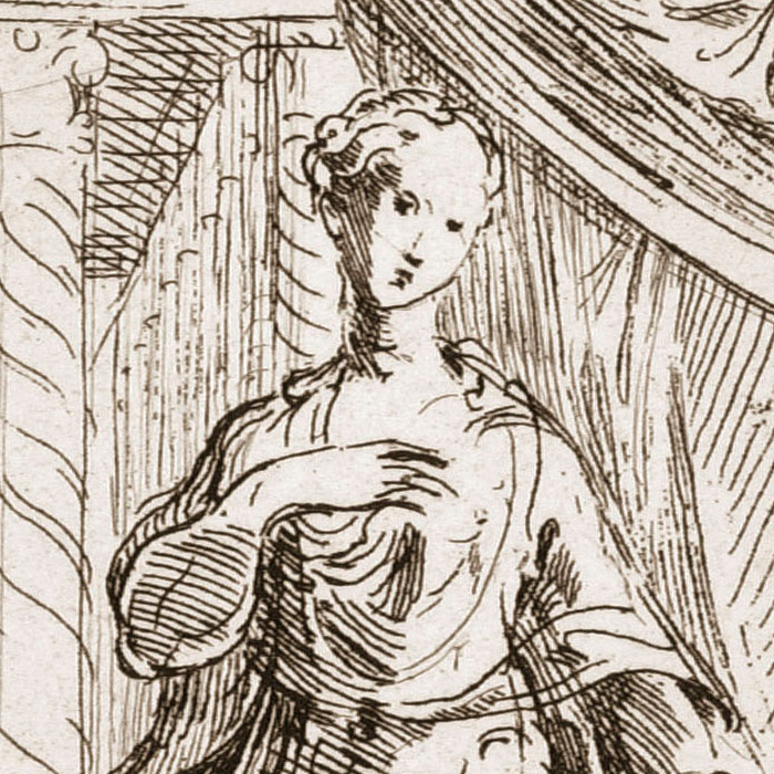 Une femme debout, le pied sur deux coussins superposés, et près d’elle deux enfants - Une estampe d’après Le Parmesan