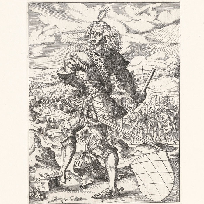 Un prince de Bavière ; dans le fond un prisonnier emmené par des gardes - Une estampe d’après Jost Amman