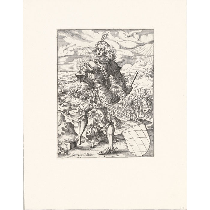 Un prince de Bavière ; dans le fond un prisonnier emmené par des gardes - Une estampe d’après Jost Amman