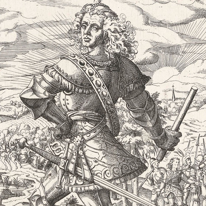 Un prince de Bavière ; dans le fond un prisonnier emmené par des gardes - Une estampe d’après Jost Amman