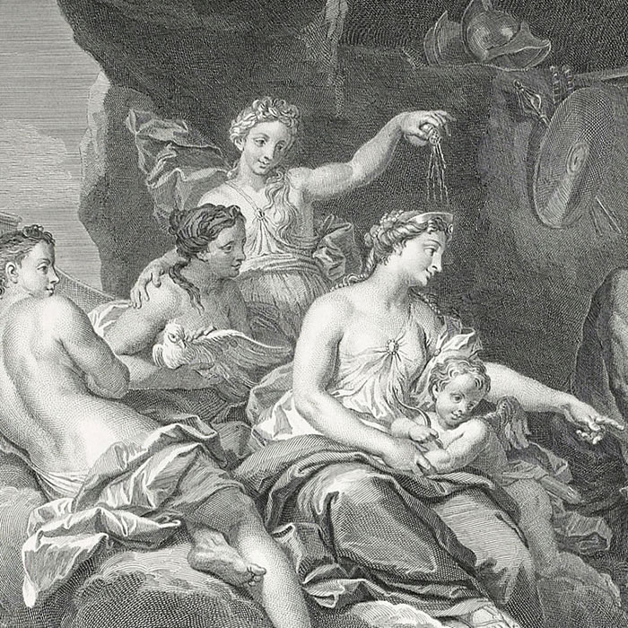 Le Feu : Vénus demande à Vulcain de forger des armes pour Enée - Une estampe d’après Louis de Boullongne