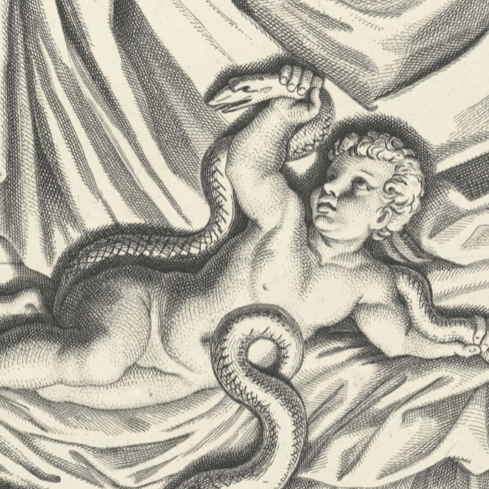 Hercule tue deux serpents en présence de son frère Iphiclès - Une estampe d’après Nicolas Poussin