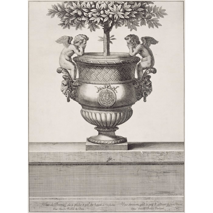 Vase avec deux amours accoudés se faisant face - Une estampe d’après Claude Ballin