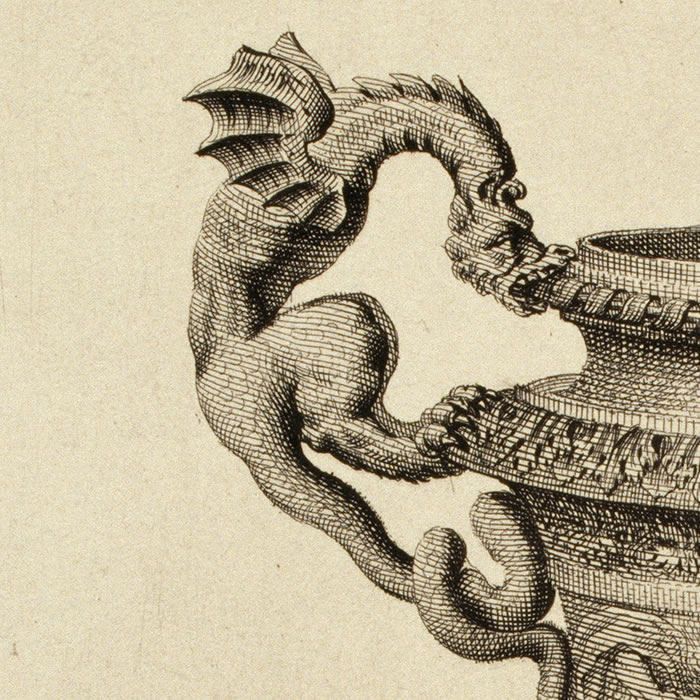 Vase avec comme anses deux dragons et orné d’un Apollon tuant Python - Une estampe d’après Claude Ballin
