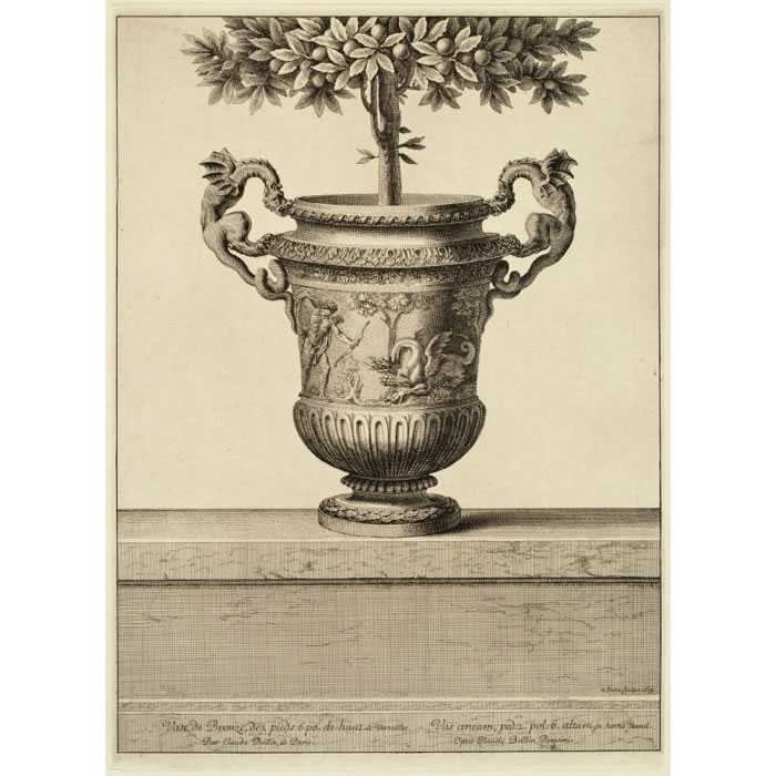 Vase avec comme anses deux dragons et orné d’un Apollon tuant Python - Une estampe d’après Claude Ballin