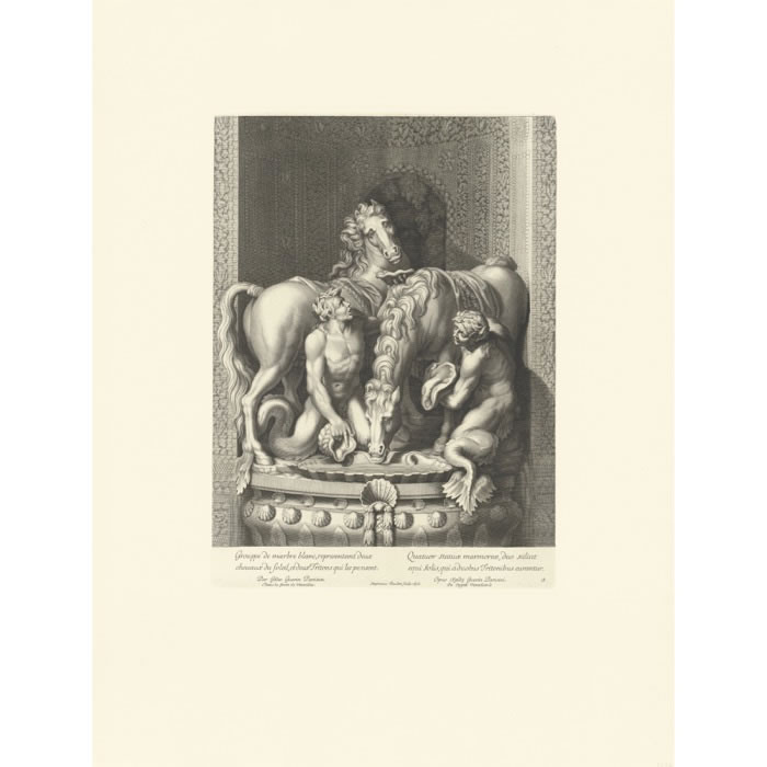Deux chevaux du Soleil et deux Tritons qui les pansent - Une estampe d’après Gilles Guérin