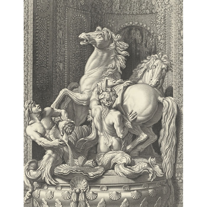 Two horses of the sun and two Tritons grooming them - Une estampe d’après Balthazar Marsy