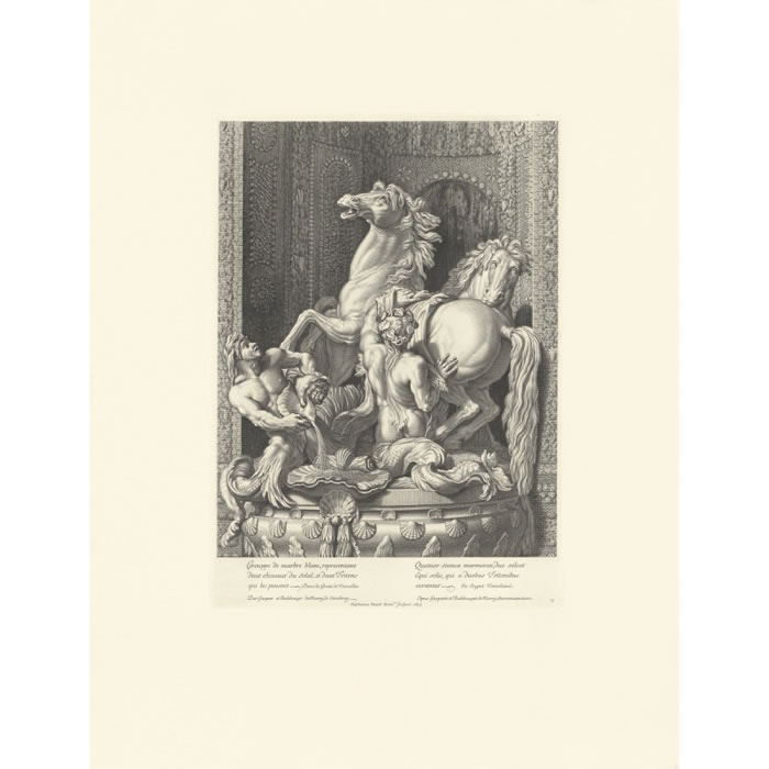 Two horses of the sun and two Tritons grooming them - Une estampe d’après Balthazar Marsy