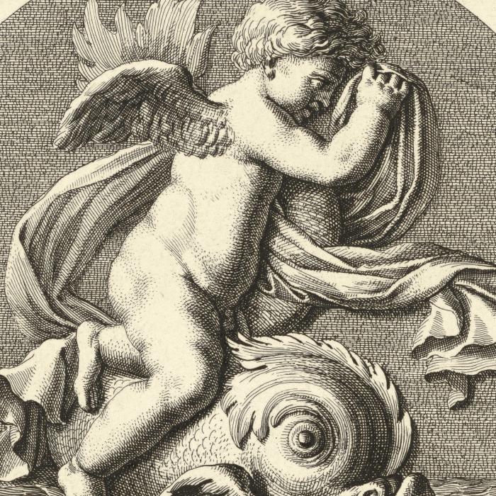 Cupids playing with dolphins - Une estampe d’après Gerard Van Opstal