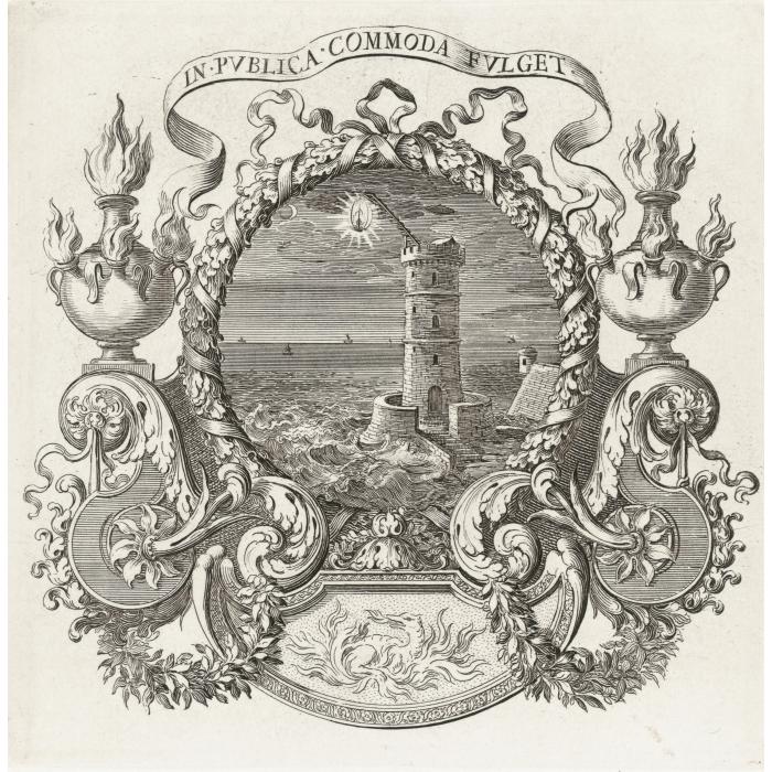 Fire and its motto: IN PVBLICA COMMODA FVLGET - Une estampe d’après Jacques Bailly