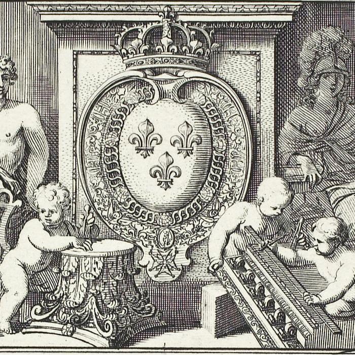 The Arms of France surrounded by the Geniuses of the Arts, directed by Apollo and Minerva. Sticker - Une estampe d’après Sébastien Le Clerc the elder