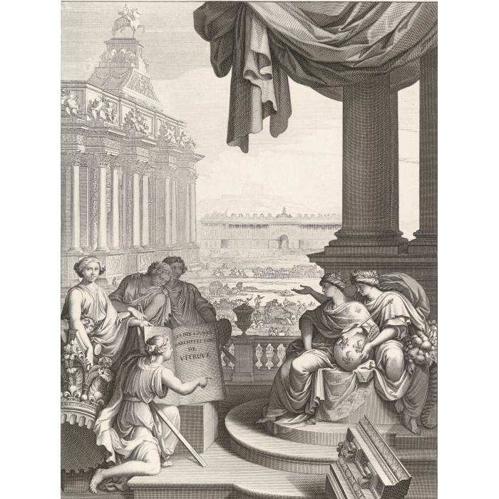 Frontispice : La France reçoit l’hommage des dix livres d’architecture de Vitruve. Les fonds avec la façade du Louvre en construction et l’arc de triomphe de la porte Saint-Antoine, ont été gravés par S. Le Clerc - Une estampe d’après Sébastien Leclerc