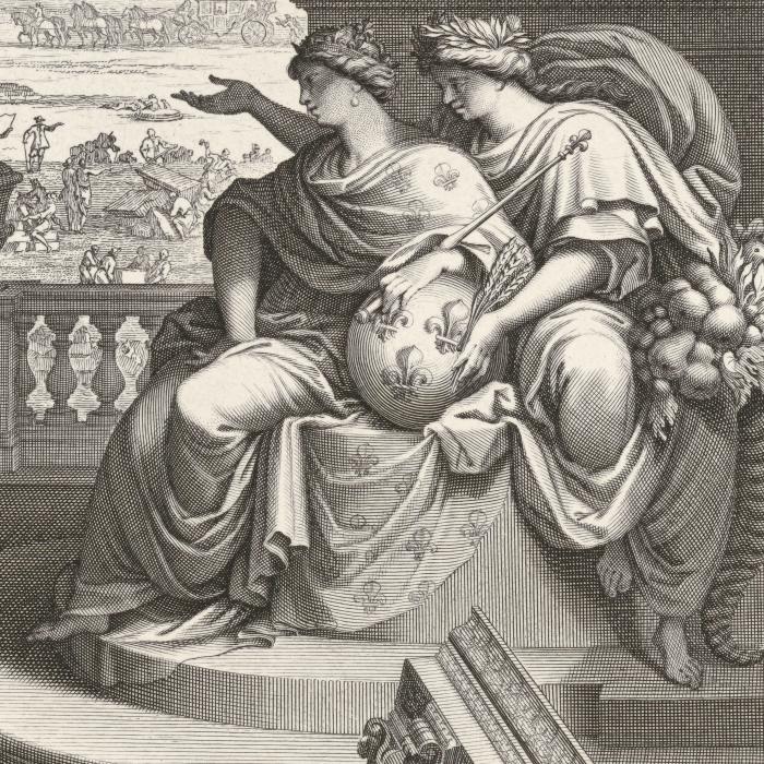 Frontispice : La France reçoit l’hommage des dix livres d’architecture de Vitruve. Les fonds avec la façade du Louvre en construction et l’arc de triomphe de la porte Saint-Antoine, ont été gravés par S. Le Clerc - Une estampe d’après Sébastien Leclerc