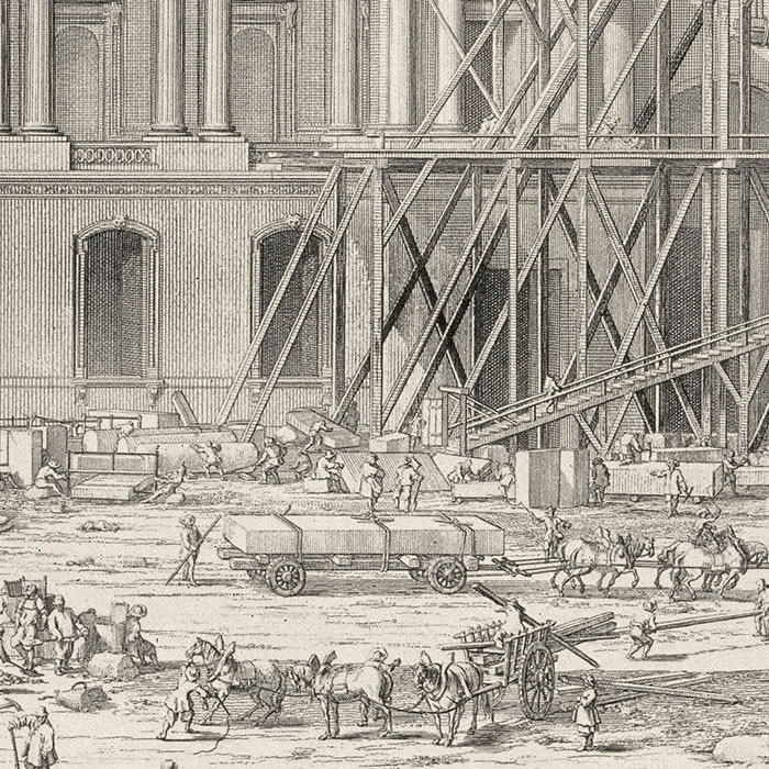 Representation of the machines used to raise the two large stones that cover the pediment of the main entrance to the Louvre - Une estampe d’après Sébastien  Le Clerc the elder