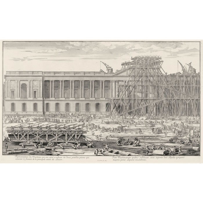 Representation of the machines used to raise the two large stones that cover the pediment of the main entrance to the Louvre - Une estampe d’après Sébastien  Le Clerc the elder