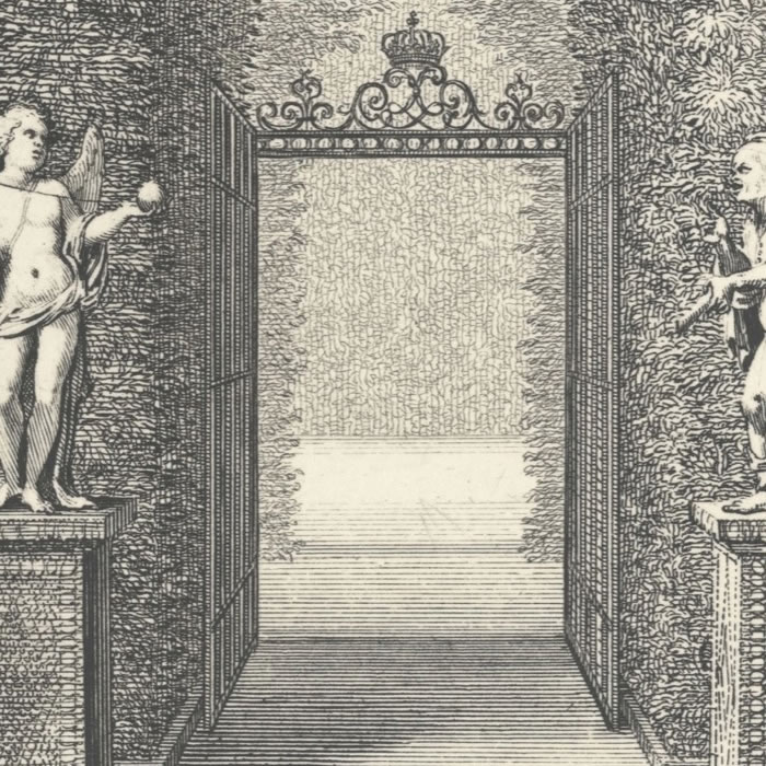 Statues d’Esope et l’Amour, entrée du Labyrinthe - Une estampe d’après Sébastien  Leclerc