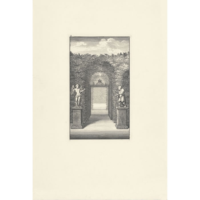 Statues d’Esope et l’Amour, entrée du Labyrinthe - Une estampe d’après Sébastien  Leclerc