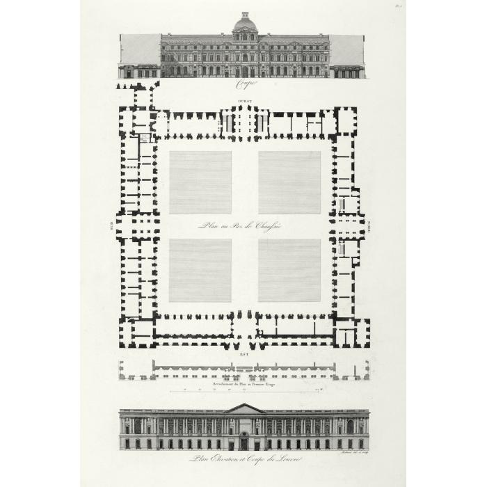Map of the Louvre’s square courtyard. Elevation of the Perrault colonnade. Elevation of the Lescot wing - Une estampe d’après Louis-Pierre Baltard