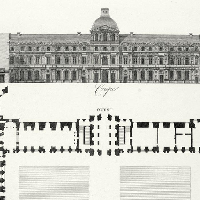 Map of the Louvre’s square courtyard. Elevation of the Perrault colonnade. Elevation of the Lescot wing - Une estampe d’après Louis-Pierre Baltard