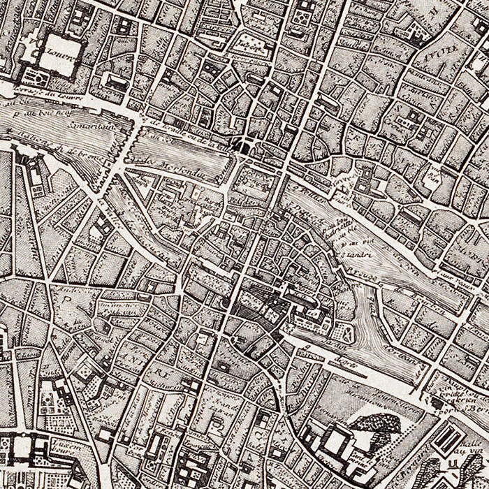 New map of Paris and its faubourgs (neighbourhoods), featuring all the districts, streets and cul-de-sacs, churches and municipalities of the city - Une estampe d’après Jean de Lagrive