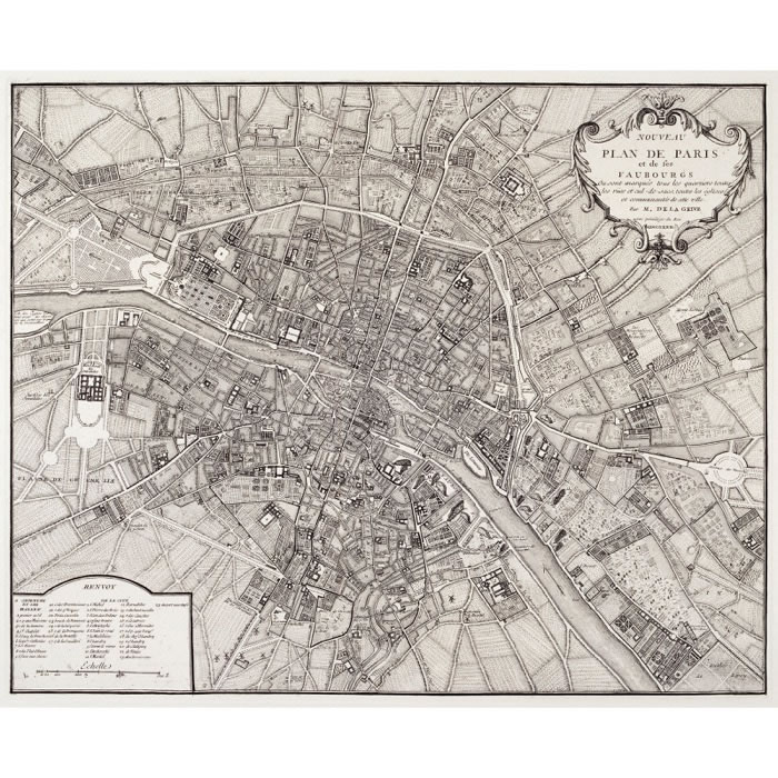 New map of Paris and its faubourgs (neighbourhoods), featuring all the districts, streets and cul-de-sacs, churches and municipalities of the city - Une estampe d’après Jean de Lagrive