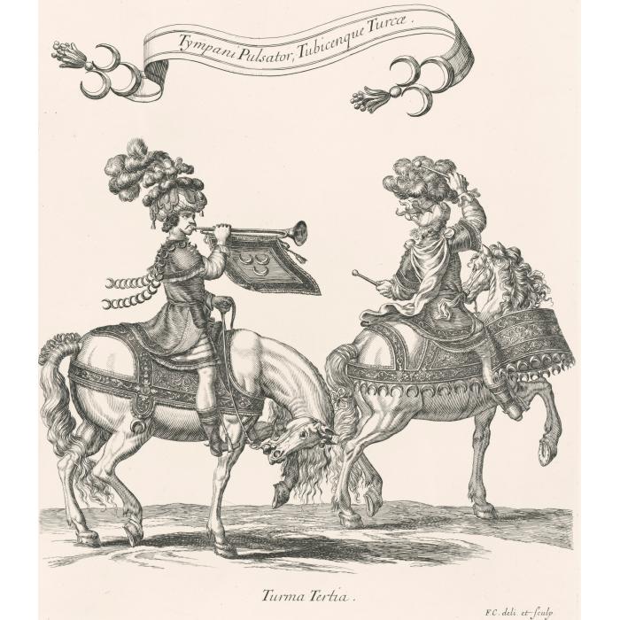 Troisième quadrille : timbalier et trompette turcs - Une estampe d’après François Chauveau