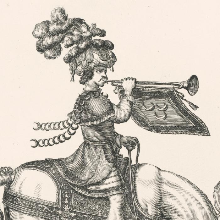 Troisième quadrille : timbalier et trompette turcs - Une estampe d’après François Chauveau