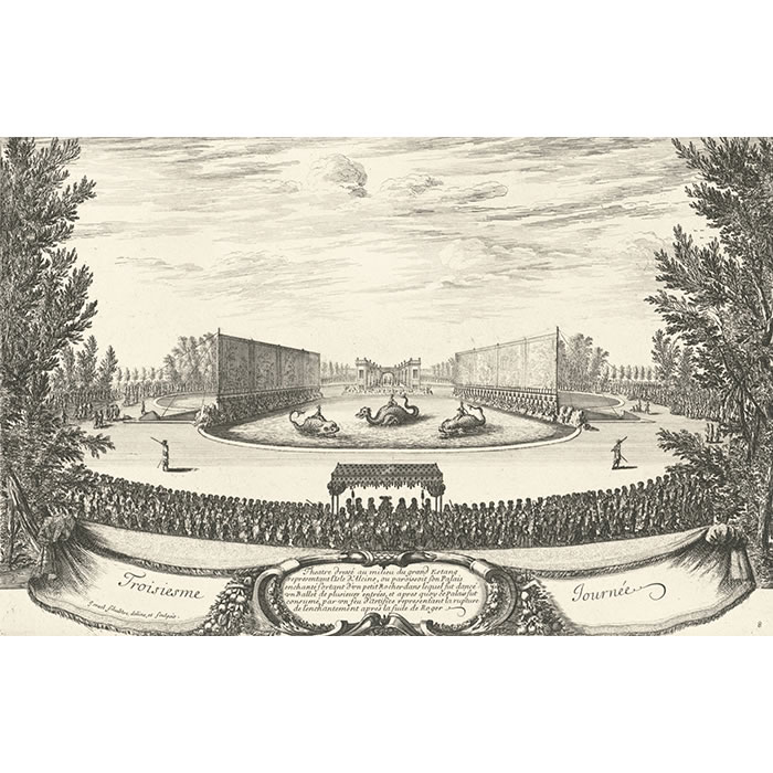 Troisième journée. Théâtre dressé au milieu du grand étang, représentant l’île d’Alcine, où paraissait son palais enchanté, dans lequel fut donné un ballet de plusieurs entrées - Une estampe d’après Israël Silvestre