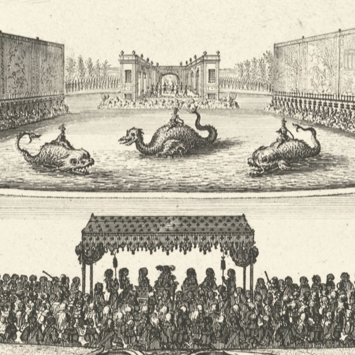 Troisième journée. Théâtre dressé au milieu du grand étang, représentant l’île d’Alcine, où paraissait son palais enchanté, dans lequel fut donné un ballet de plusieurs entrées - Une estampe d’après Israël Silvestre