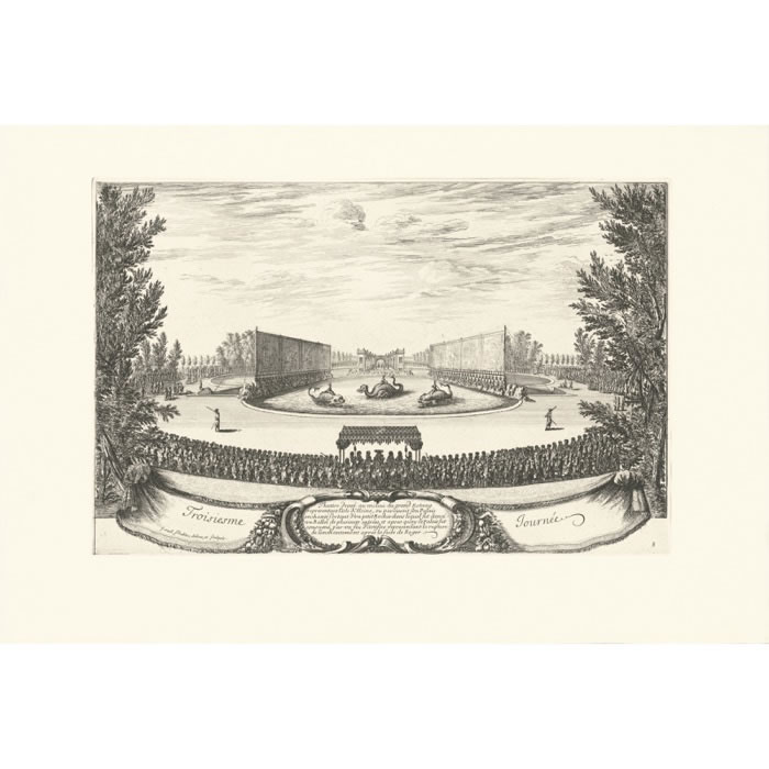 Troisième journée. Théâtre dressé au milieu du grand étang, représentant l’île d’Alcine, où paraissait son palais enchanté, dans lequel fut donné un ballet de plusieurs entrées - Une estampe d’après Israël Silvestre